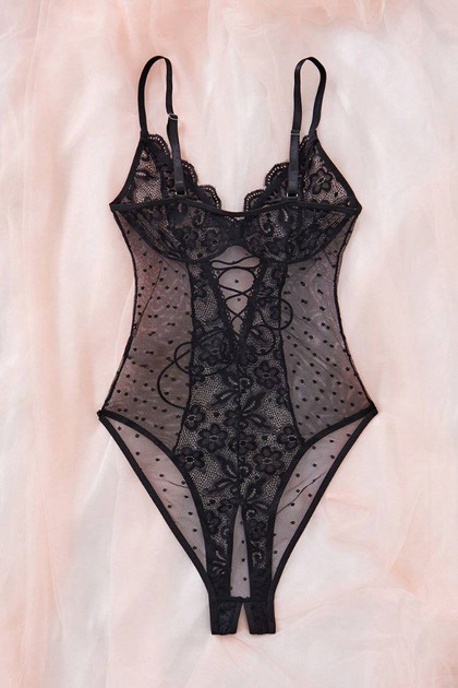 Geneva Black Polkadot See Lace See Through Teddy