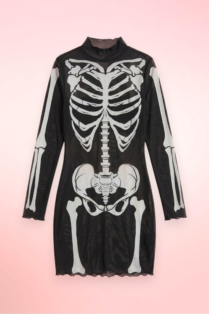 Flat lay of a black sheer mesh long sleeve mini dress
