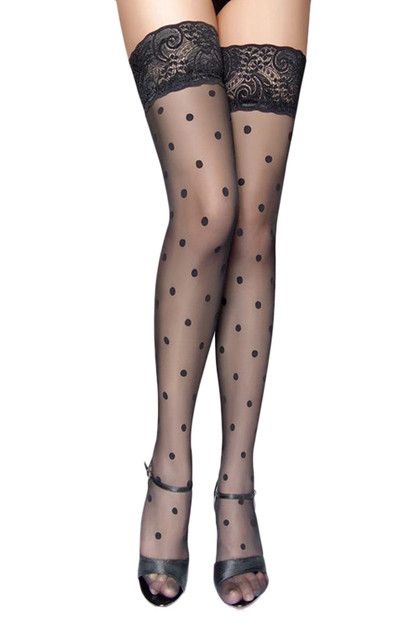 Black LaceTop Pin-up Polkadotted Sheer Thigh Stockings