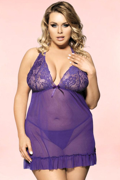 Brook Purple Plus Size Babydoll Lingerie  worn by a model front view 