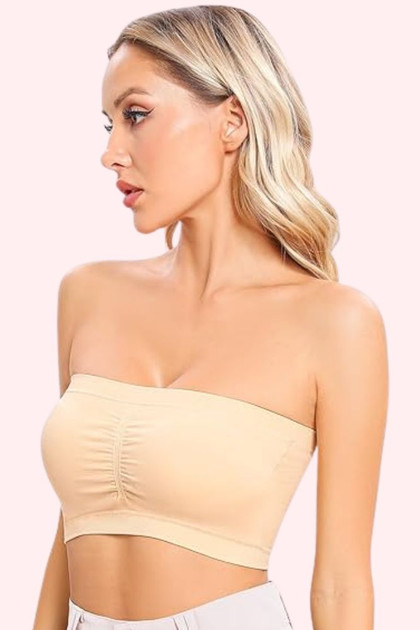 Beige Tube Bra padded bandeau top  worn by a model front view 