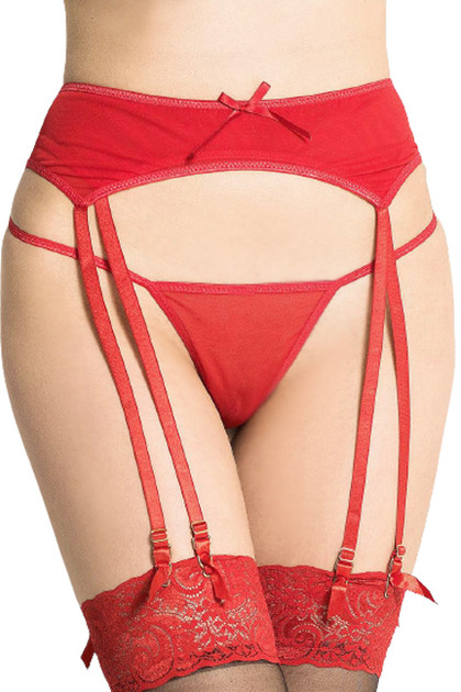 Red Mesh Double Layer Garter Belt Thong Lingerie Set