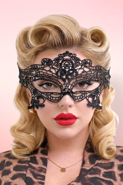 Lace Eye mask  worn by a pin-up girl with red lips.