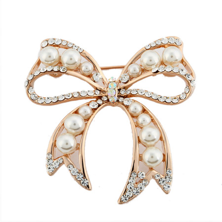 Faux Pearl Retro Bow Cubic Zirconia Crystal Studded Vintage Brooch