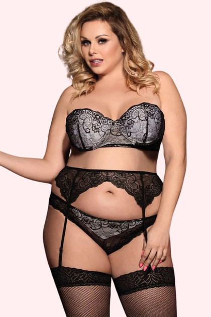 Plus Size Black Bustier Bra. Set with Garter Belt and cheeky panty.