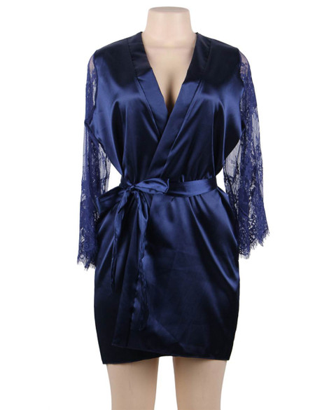 Emy Blue Satin Lace Sleeves Robe Set Plus Size