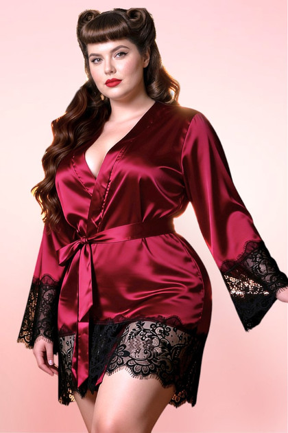 Red Satin Robe worn by curvy model.