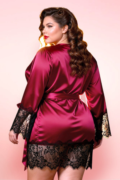 Veronica Red Satin Black Lace Trimmed Robe Set Plus Size