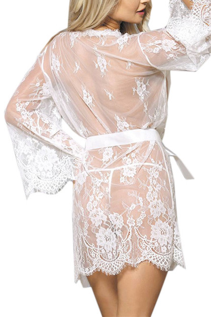 White Debbie Sheer Eyelash Lace Kimono Robe