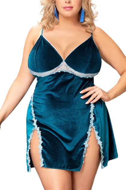 Vicky Teal Velour Luxe Side Slit Chemise Plus Size