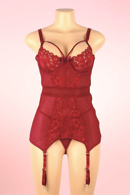 Alessandra Maroon Lace Mesh Garter Lingerie Dress