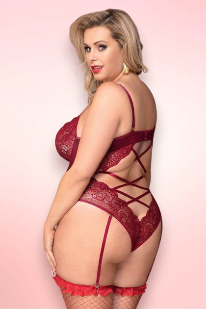 Bridgette Red Velvet Plus Size Garter Teddy