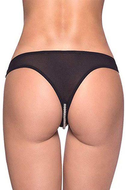 Black Pearl Beaded Crotchless Embroidered Lace Thong Panty