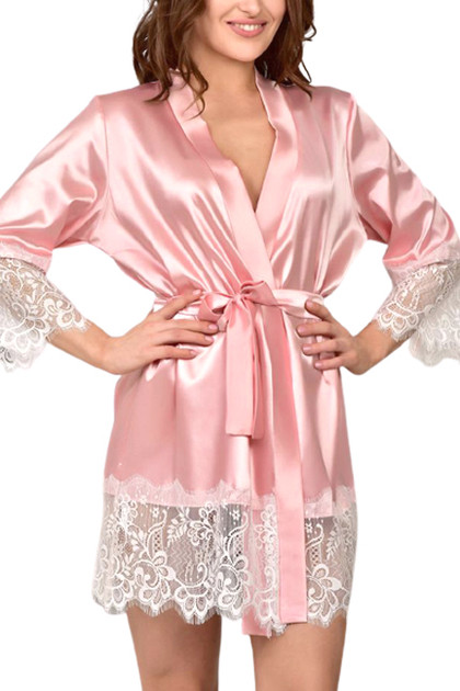  Plus Size Macy Pink Satin White Lace Trimmed Robe