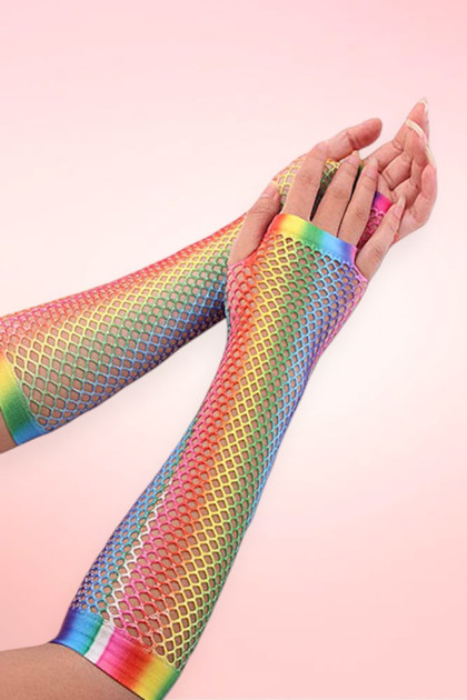 Long Fingerless Rainbow Fishnet Gloves.