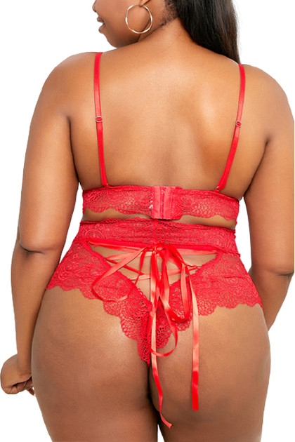 Eliza Red Lace Bra High Waist Panty Lingerie Set Plus Size