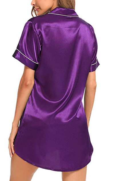 Darla Purple Satin Button Down Pajama Night Shirt Dress