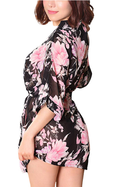 Kyna Black Floral Kimono Robe Lingerie Set