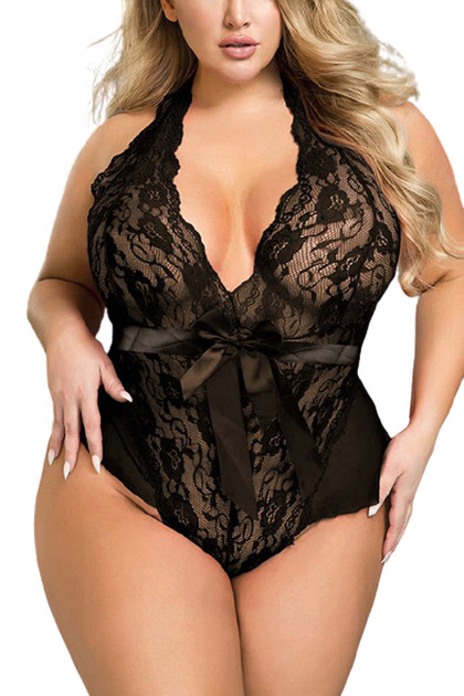 Victoria Black Lace Plunging Teddy Plus Size