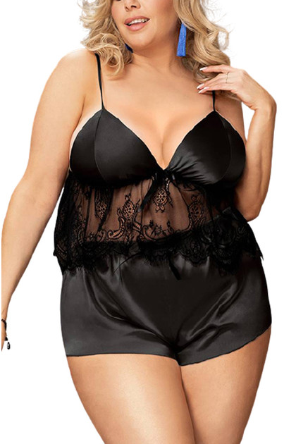 Antje Black Lace Cami Satin Boyshort Lingerie Set Plus size