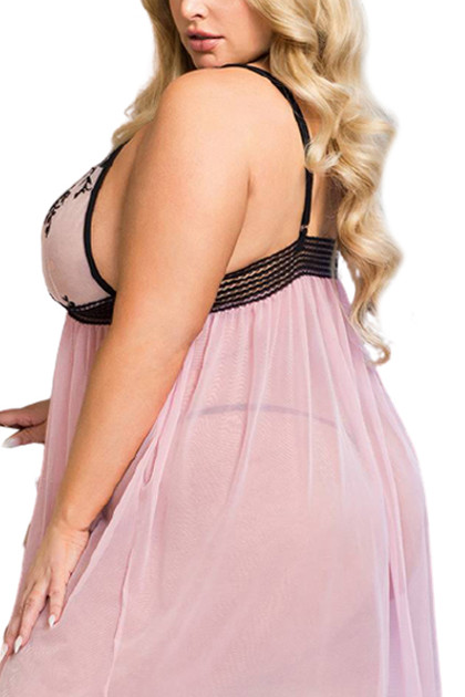 Desiree Baby Pink Black Embroidered Flyaway Babydoll Plus Size