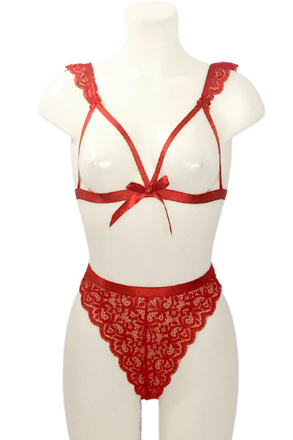 Paula Red Cupless Bralette Lace Bow Strappy Thong Lingerie Set