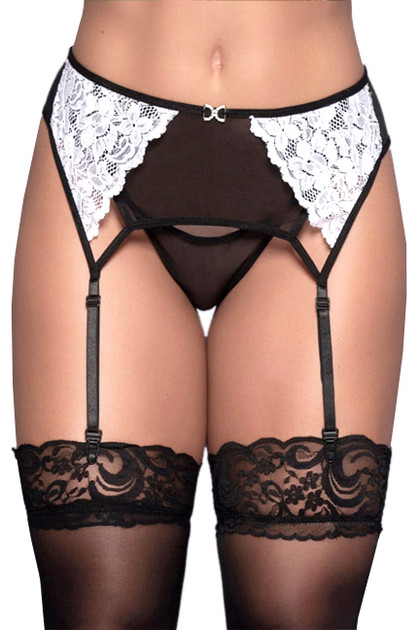 French Maid White black Lace Garter Belt