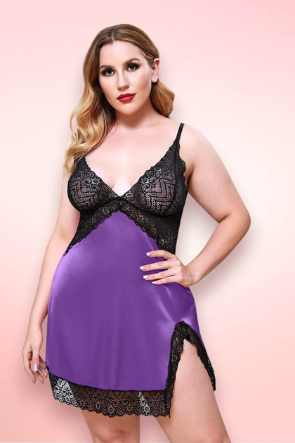 Geneva Purple Satin  Plus Size Lingerie Dress.