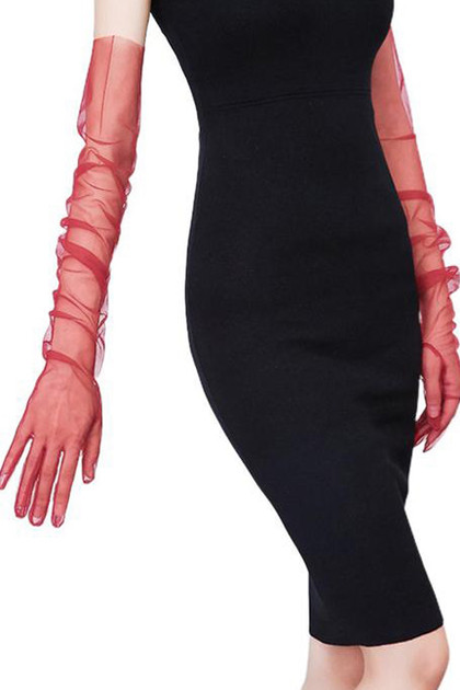 Maroon Dark Red Tulle Mesh Sheer Vintage Opera Length Gloves