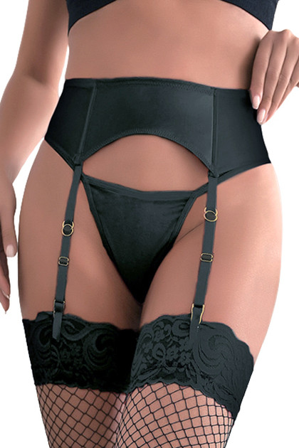 Jacinta Black Vinyl Faux Leather garter Belt Thong Set