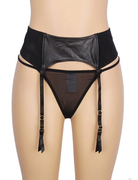 Jacinta Black Vinyl Faux Leather Plus Size garter Belt Thong Set