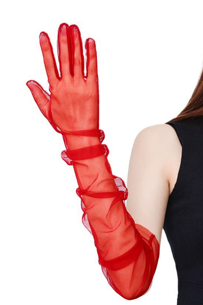 Scarlet Red Tulle Mesh Sheer Vintage Opera Length Gloves