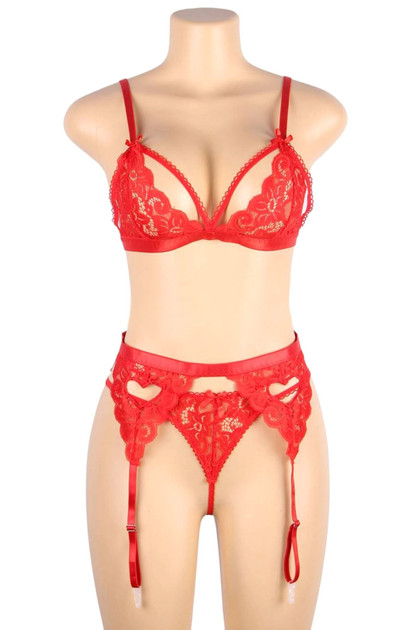 Lacie Red Heart Lace Garter Lingerie Set Plus