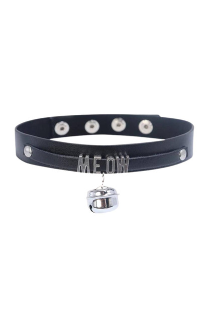 Meow Faux Leather Bondage Choker  O-Ring  Letter Bell Necklace