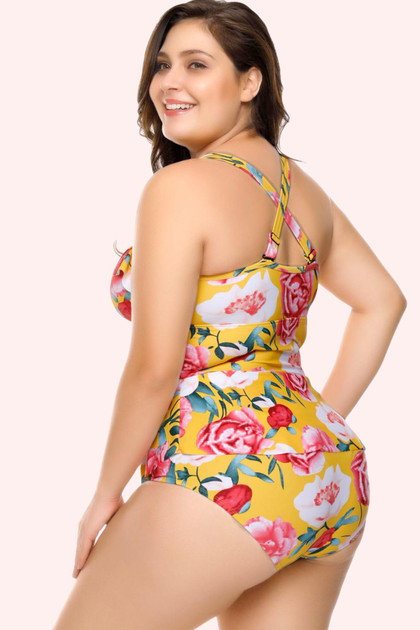 Kailani Yellow Tiki Floral Peplum One Piece Swimsuit Plus Size