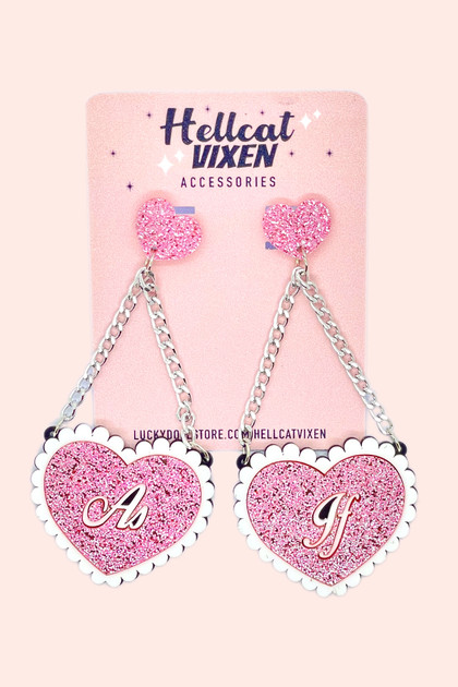 Pink Glitter As If Clueless Inspired Sparkly Heart Stud Chain Dangling Laser CutAcrylic Earrings