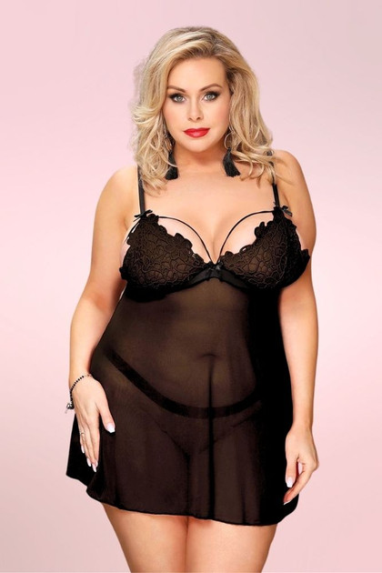 Dana Embroidered Lace Sheer Black Plus Size Babydoll Lingerie  worn by a model front view 