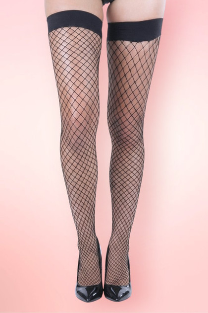 black plain fishnet thigh stockings.