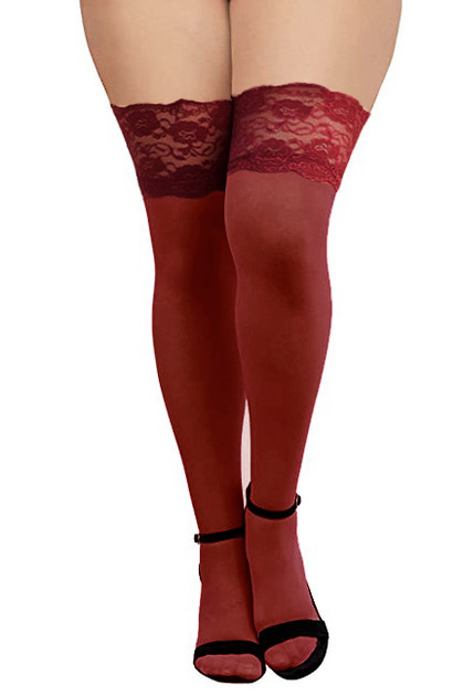 Wine Red Plus Size Wide Lace Top Sheer Thigh High Stockings