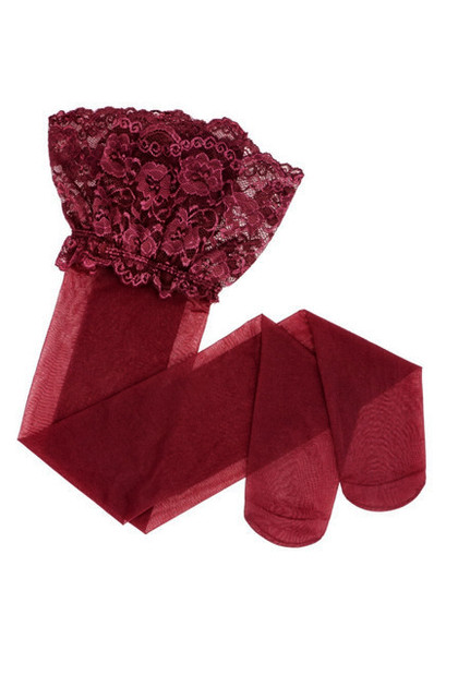 Wine Red Wide Lace Top Sheer Thigh High Stockings
