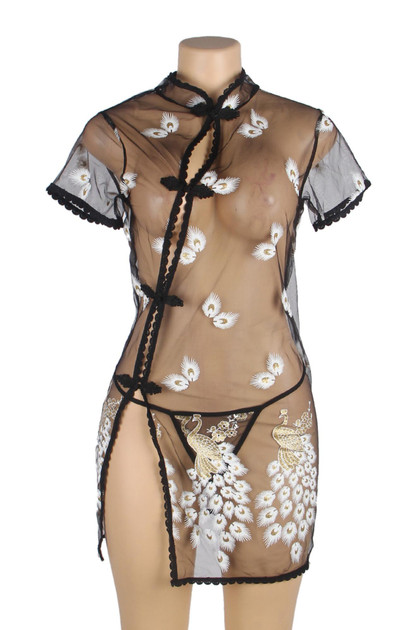 Gilly Black Sheer Peacock Cheongsam inspired Chemise