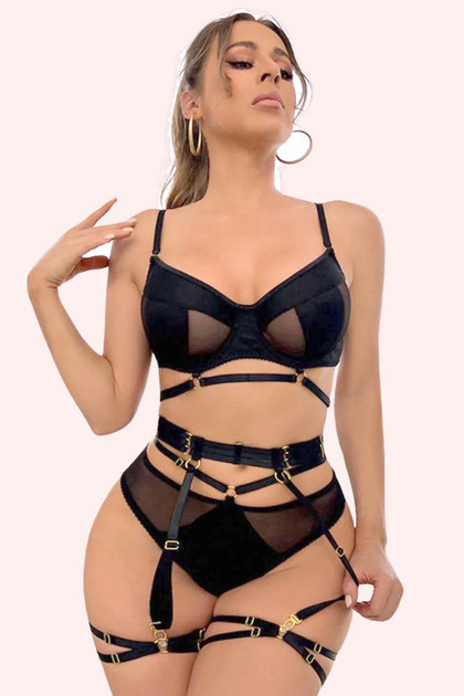 Olenna black mesh bralette with strappy garter belt thigs and mesh panty  Front view