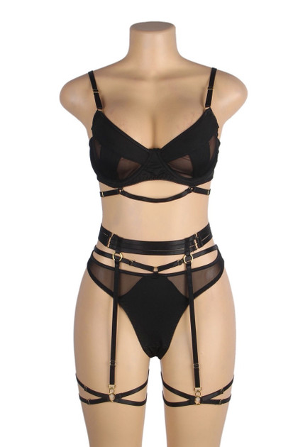 Olenna Black Plus Size Mesh Bondage Strappy Thigh Garter Bra Set