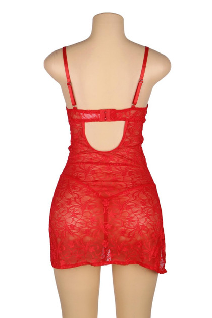 Marion Red Plus Size Lace Balconette Cup Side Slit Chemise