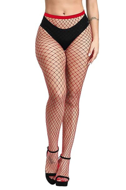 Red Large Holes Full Waist to Toe Fishnet Pantyhose Stockings