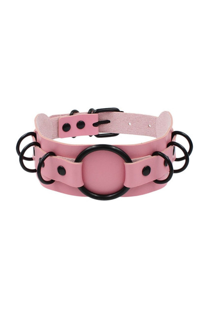 Pink Faux Leather Black O-ring Choker Necklace