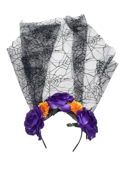 Purple & Yellow Day of The Dead Flower Headband with Spiderweb Veil