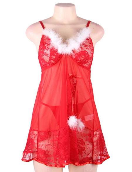 Christmas White Marabou Trimmed Red Lace Babydoll Plus Size