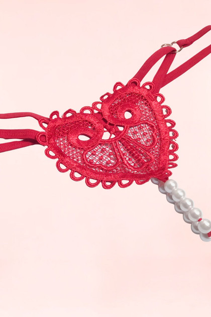 Red Embroidered Heart Pearl Crotchless Thong