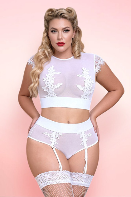 Plus Size Bridal White Sheer Top and High Waist Garter Lingerie Set.